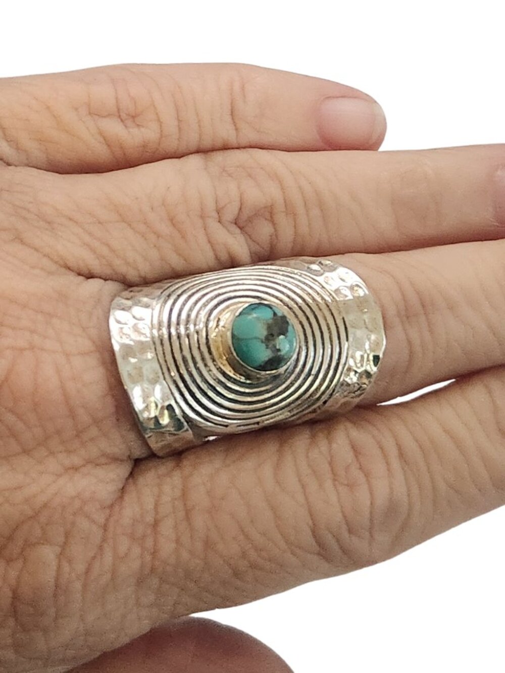 Sterling Silver Turquoise Statement Ring | Hammered Wide Band Size 8